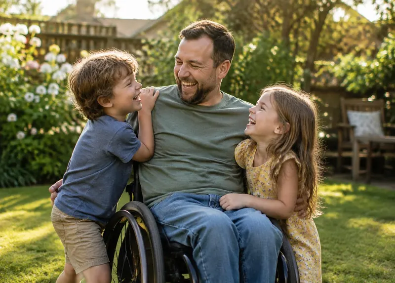 A father in a wheelchair laughing with his two young children in a sunny garden